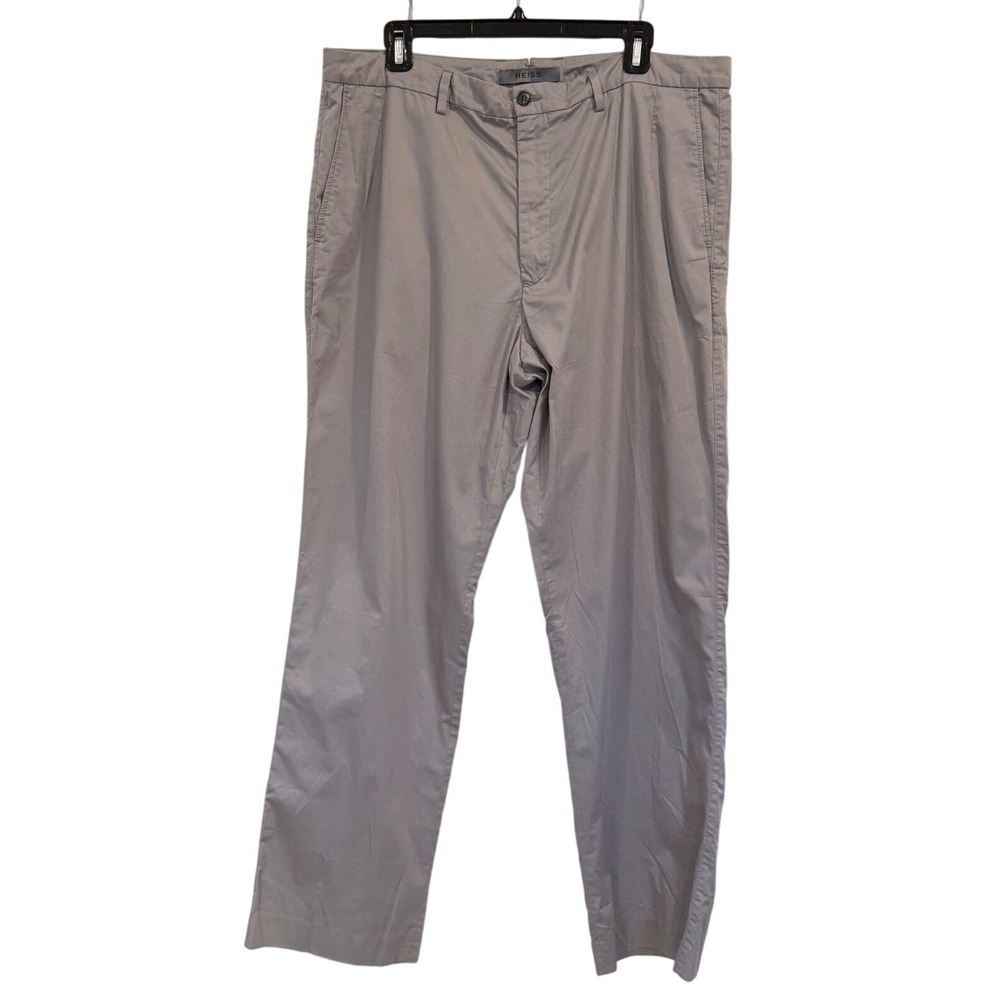 Reiss Mens Grey Cotton Chino Trousers Flat Front Straight Leg Pants Size 36 x 32